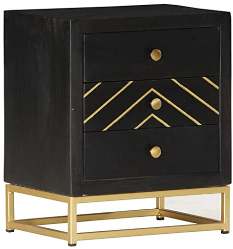 vidaXL Mangoholz Massiv Nachttisch 3 Schubladen Nachtschrank Nachtkonsole Nachtkommode Schlafzimmer Kommode Schrank Nachtschränkchen Schwarz Golden 40x30x50cm