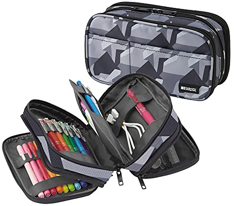 LIHITLAB Large Capacity Triple Zipper Pencil Case For School Office College, Big Capacity 8 Compartments Pencil Bag Holder Adults Teen Boys Girls, Travel Cosmetics Storage, Ice Gray Camo (A7556-135)