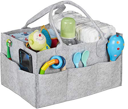 Relaxdays Baby Windel Caddy, 11 Fächer, entnehmbare Trenner, tragbare Filztasche, Auto & Wickeltisch Organizer, hellgrau, Gellgrau
