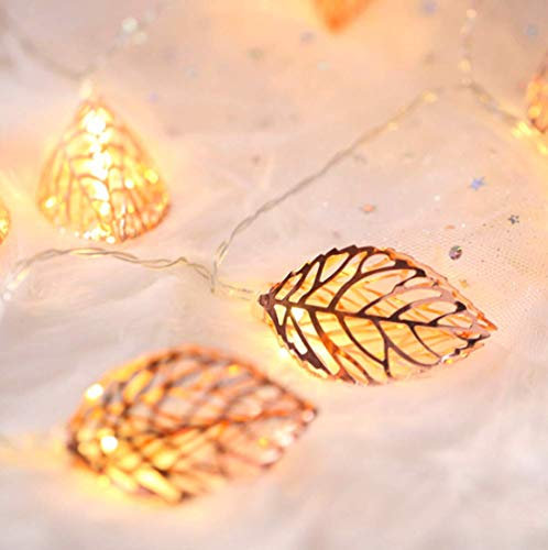 HULX Geometric String Lights, 3M 20LED Metal Fairy String Lights Geometric Rose Gold Metal Fairy Lights Battery Operated Fairy Lights (Leaves)
