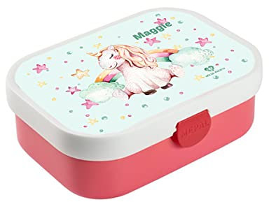 wolga-kreativ Personalisierte Campus Mepal Brotdose Kinder für Mädchen Einhorn Regenbogen, Lunchbox mit Fächern und Unterteilungen, Geschenk zur Einschulung, Schule und Kindergarten Kinder