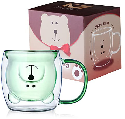 Tasse en verre à double paroi en forme d'ours - 250 ml - Isotherme - Avec poignée - Pour la Saint-Valentin, un anniversaire