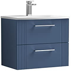 nuie DPF393G Deco Modern Bathroom Wall Hung 2 Drawer Part Fluted Vanity Basin Unit with Curved Ceramic Basin, 600mm, Satin Blue