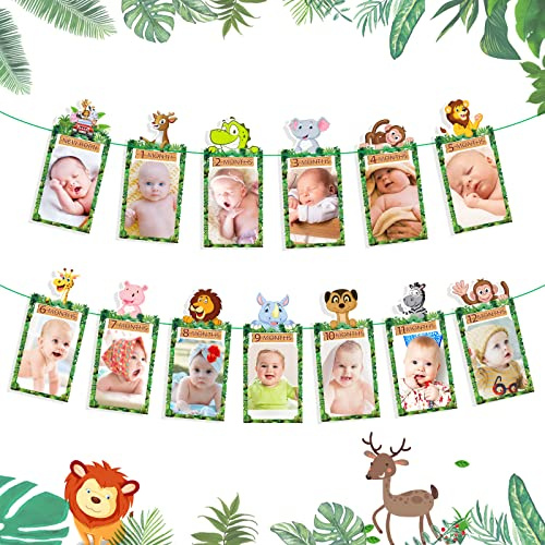 Ungfu Mall Fotogirlande 1. Geburtstag Wild One 1. Geburtstag Deko | Junge 1.Geburtstag Girlande Safari Foto Banner Baby Meilenstein Girlande Hängende Foto Wanddekoration für 1.birthday