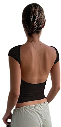 Damen Rückenfrei T-Shirt Y2K Kurzarm Crop Top Sexy Rücken Cut Out Oberteile Party Curvy Sommer Cropped Tee Shirts Grunge Teenage Aesthetic Mädchen Outfits (Schwarz, S)