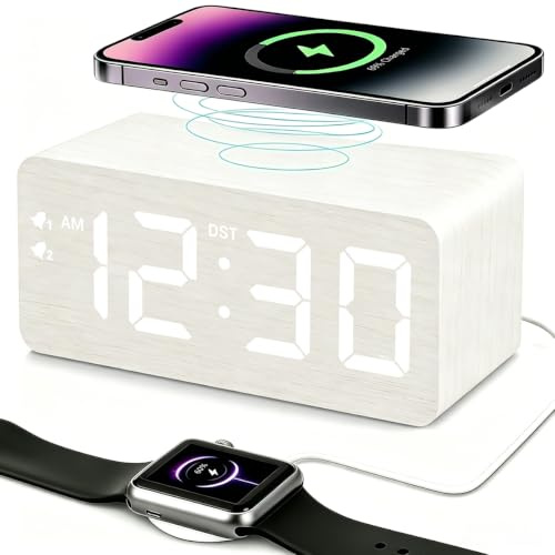 URAYCO Wooden Digital Alarm Clock, 10W Fast Wireless Charger Station & 2 USB Charging Ports, with 0~99% Dimmer, Dual Alarm, Weekday/Weekend Mode, Wood LED Clock for Bedroom, Desk, Office