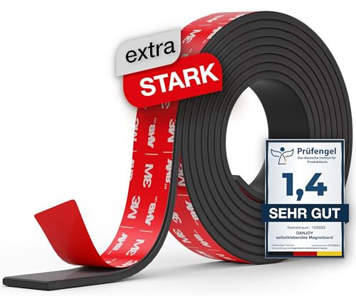 DANJOY® Nastro magnetico autoadesivo (2 m), forte adesivo – Forte magnete, striscia magnetica con adesivo 3M VHB extra forte per coltelli, lavagne bianche e molto altro ancora.