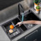 ZYFC Sink, Schwarze Nano Unterbau Küchenspüle, Drop in Spülbecken, Einzelbecken-Edelstahl Spühlbecken mit Herunterziehbarem Wasserhahn, Seifenspender und Abflusskorb, Einfach zu Montieren