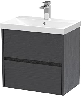 Hudson Reed HAV2204D Havana Modern Bathroom Wall Hung 2 Drawer Vanity Basin Unit & Thin-Edge Ceramic Basin, 600mm, Woodgrain Graphite Grey