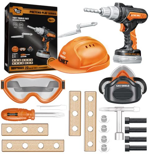 Pairez Toys Set di Utensili per Bambini 3-5 Anni, Trapano Elettrico Giocattolo & Casco, Occhiali, Maschera, Set di Utensili da Costruzione, Regali di Compleanno per Bambini