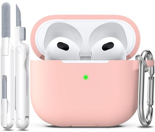 R-fun compatibile con AirPods 3a generazione 2021, compatibile con AirPods 3 Custodia Cover con kit di pulizia e portachiavi, morbida custodia in silicone compatibile con Apple AirPods 3,Rosa sabbia