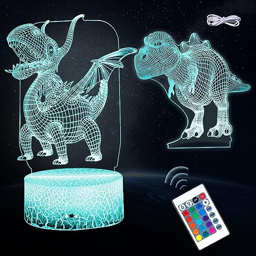 CHEVVY Kreative Dinosaurier Dinosaurier Lampe 3D Nachtlicht Dinosaurier LED Fernbedienung Cartoon Lampe mit 16 Farbwechsel 2PCS Nachtlampe Spielzeug Kinderzimmer Nachtlicht