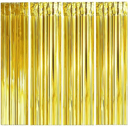 Qikaara Gold Glitzer-Vorhang, 4 Stück, Metallic Folienfransen Hintergrund, Luftschlangen Folie, 1m x 2m, für Geburtstag, Hochzeit, Weihnachten, Party Dekoration, Tinsel Curtains