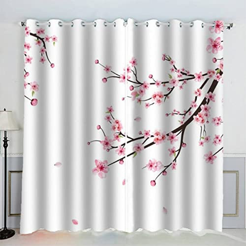 AKATIE Fleurs De Cerisier Branches Fleuries Rideau Thermique Isolant Anti Froid 2 Pièces Rideaux Fleurs Rose Rideau Occultant 3D Impression Moderne Salon Chambre Rideaux Acoustiques (183x214 cm)