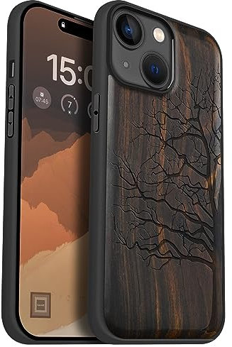 Carveit Magnetic Wood Case for iPhone 15 Case [Solid Wood & Black Soft TPU] Shockproof Protective Cover Unique Wooden Compatible with magsafe (Eternal Tree -Blackwood)