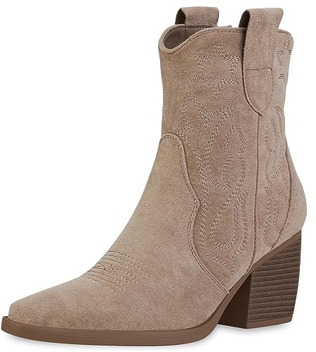 VAN HILL Damen Stiefeletten Cowboy Boots Trichterabsatz Schuhe Stickereien Western Booties Holzoptikabsatz Schuhe 201423 Tan Velours 38