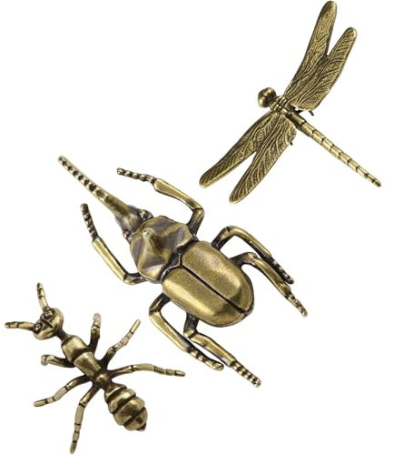 3 Stück Messing Ameise Libelle Käfer Skulptur Massives Metall Tee Insekt Ornament Mini Ameise Libelle Käfer Miniatur Figur Langes Horn Käfer Schreibtisch Dekoration für Home Office Garten Desktop