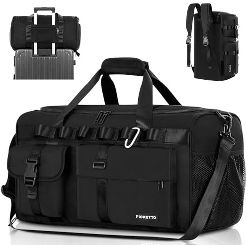 FIORETTO 45L Womens Mens Gym Sports Duffle Bag with Shoes Compartment, Water- Resistant Travel Bag with Trolley Sleeve, Weekend Overnight Hospital Bag Sports Holdall Backpack Black