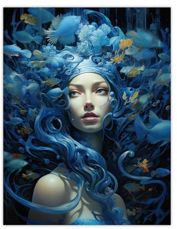 Artery8 Goddess of The Sea Mermaid Lore Concept Striking Artwork In Blue Extra Large XL Wall Art Poster Print