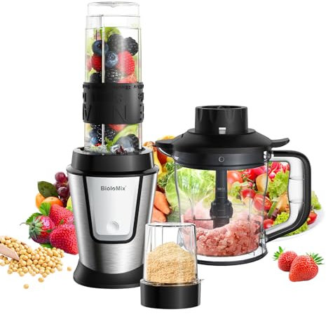 BioloMix Combo de licuadora y procesador de alimentos, exprimidor portátil de 700 W, licuadora personal, molinillo de carne, procesador de alimentos y licuadora, molinillo de especias de café, picador