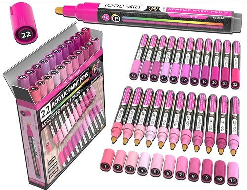 TOOLI-ART 22 Acrylfarben-Marker, Farbstifte Pro Colour Serie, Set 3 mm, Medium, für Steinmalerei, Glas, Tassen, Holz, Metall, Glas, Farbe, Kunststoff, Leinwand, DIY, ungiftig, auf Wasserbasis, schnell
