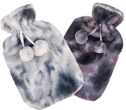 K Collection 2 x Hot Water Bottles – Luxury Faux Fur Two Tone Plush Cover – Natural Rubber 2L Capacity – Dark Grey - Silver Grey - Pack of 2