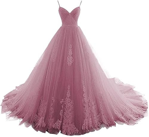 TANPAUL Damen Abendkleid Spaghettiträger A-Linie Spitze Tüll V-Ausschnitt Brautkleid Blush 38