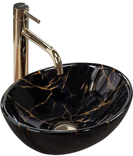 Rea Aufsatzwaschbecken SOFIA MINI BLACK MARBLE SHINY Waschtisch Handwaschbecken Waschschale Waschbecken für Badezimmer aus hochwertiger Keramik 10 x 35 x 12 cm (Grau)