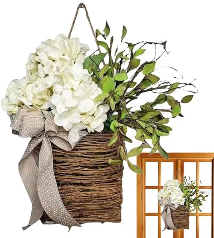 Xujuika Hydrangea Artificial Flowers In A Basket, Artificial Hanging Baskets With Flowers, Spring Wreath Artificial Wildflower Garland Pendant, Wildflowers Door Hanging Basket Wreath For Front Door