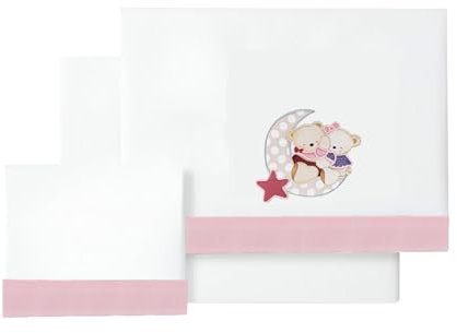 various - Set di lenzuola per lettino 60 x 120 cm, per neonati primavera e autunno, tipo 100% cotone extra morbido in Spagna-(basso+piano di lavoro+federa cuscino-amorevole colore BCO/rosa