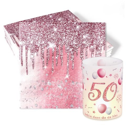 32 Stück Servietten + 8 Stück Windlicht Tischdeko 50. Geburtstag Schön Dass Du Da Bist Deko Frau Windlichter Servietten Rosa Party