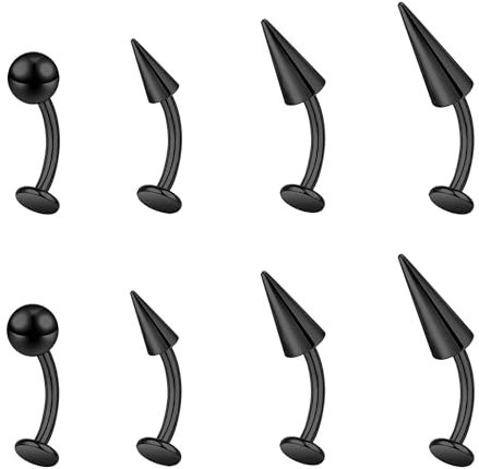 ZS 18G Devil Curved Barbell Lippenring, 6/8/10/12mm Edelstahl Langer Stab Bauchnabelring, flache Rückseite Tigerzähne Augenbrauen Piercing Lippen Rook Nabelpiercing Schmuck (Schwarz,L:6mm)