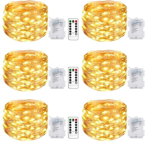 6 Pack Fairy Lights Battery Operated with Remote, 10M/33FT 100LED String Lights Battery Powered Outdoor Indoor IP65 Waterproof, 8 Modes Copper Wire Twinkle Lights for Bedroom Gazebo Christmas Decor