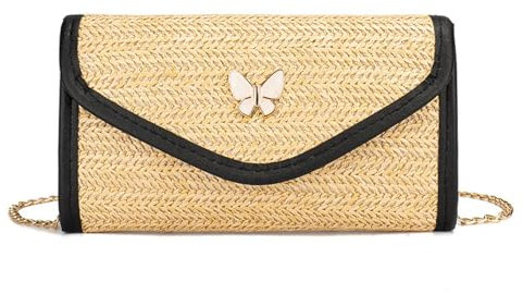 TOFBS Sac a Main Femme Pochette d'Été Sacs à Bandoulière en Paille Tissée Petit avec Chaîne Embrayage Soirée Bohème pour Plage Parti Mariage (Noir)