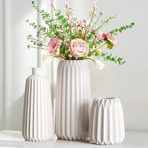 Ezvsevuo 3PCS Vase Décoratif en Céramique Côtelé Blanc - Centre de Table, Décoration Maison, Style Nordique (L: Hauteur 20 cm)