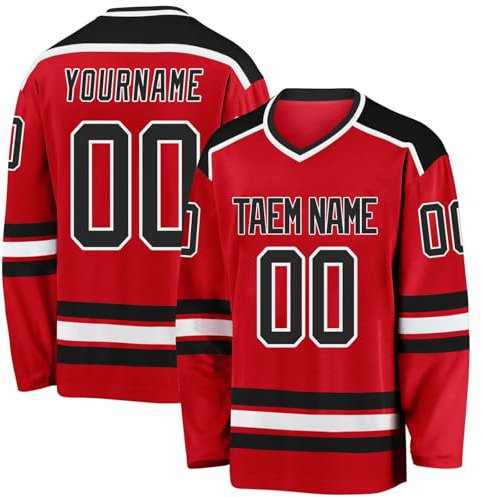 Eishockey-Trikot, personalisierbar, bedruckt, langärmelig, Hockey-Trikot, Bekleidung für Hockey-Fans, Herren, Damen, Jugendliche, 1-Rot, L