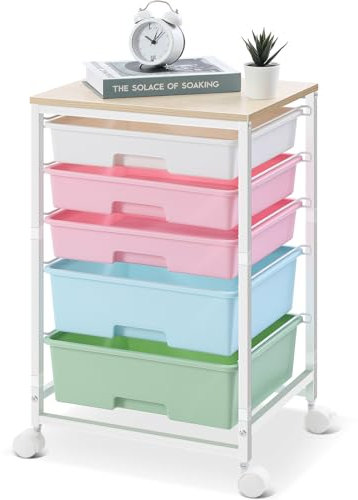 SYKIARIOL Rollwagen Badrollwagen mit 5 Schubladen, Küchenwagen mit Rädern mit Tischplatte aus Holz, Rollcontainer für Küche, Wohnzimmer, Schlafzimmer, Büro, Mehrfarbig