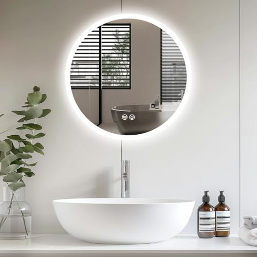 Youyijia Spiegel Mit Beleuchtung, Spiegel Rund 60cm Badspiegel Mit Beleuchtung Mit Touch-Schalter, Dimmbar, 3 Lichtfarbe Einstellbare Beschlagfrei Wandspiegel Badezimmerspiegel LED Spiegel Bad