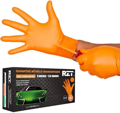 RZ TOOLS GUANTES de NITRILO DIAMANTADO naranjas - Los guantes de nitrilo MÁS RESISTENTES del mercado - SIN LÁTEX - REUTILIZABLES (Talla L Pack 100-7 micras)