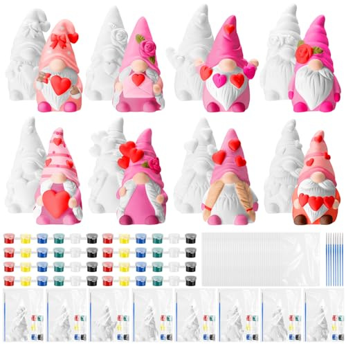 Foilswirl 8 Pcs Mother's Day Gnome Ceramics to Paint Pink Ready to Paint Your Own Ceramic Gnome Statues DIY Unpainted Ceramics Paintable Figurines Kit Crafts with Brush Palette