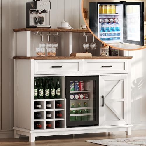 AMERLIFE 47 Farmhouse Coffee Bar Cabinet with 15 Refrigerator & Wine Rack & Glass Holder, Wine Cabinet with Storage Drawers & Open Shelves, Sideboard Buffet Cabinet for Dinging Room, Living Room