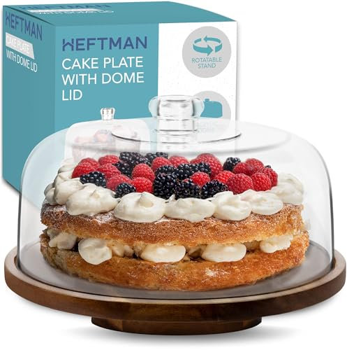 HEFTMAN Rotating Cake Stand with Dome Lid - 10 Non-Slip Acacia Wood Cake Display Stand with Clear Acrylic Dome Cover for Cakes, Pastries, Cheese - Ideal for Birthday, Wedding, Café (Rotatable)