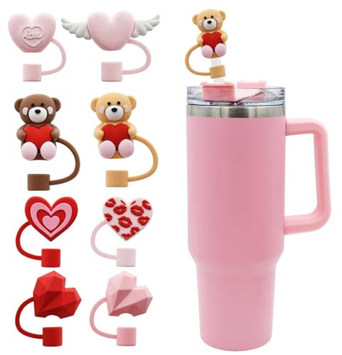 TELAIN Pack of 8 Cup Accessories Straw Cover with Love Heart Design, Leak-Proof for Stanley 30 and 40 oz Tumbler, BPA Free and Food Silicone