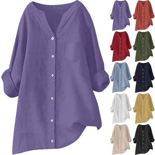 Generisch Leinenbluse Damen Sommer Oversize Musselin Bluse Oversized Leinenshirt 3/4 Arm Longshirt Lässig Für Leggings Leinen-Oberteile Elegant Damenblusen Langarm Longbluse Langarmshirt