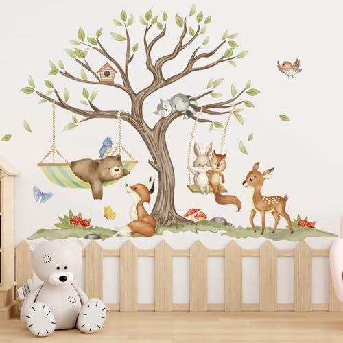 Wandtattoo Dschungel Tiere, Cartoon Bär Fuchs Schaukel Wandaufkleber, Wandtattoo Waldtiere Baum Wandsticker Fuchs Hase Reh Wandaufkleber Kinderzimmer Wanddeko