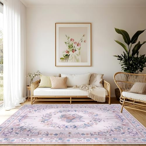 Teppich Wohnzimmer Waschbarer, Blumen Kurzflor Teppich Großer, Weicher Vintage Schlafzimmer Teppiche Waschbar Rutschfest & Pflegeleicht Design für Esszimmer Büro Bereich Dekor Rosa Größe 140x200cm