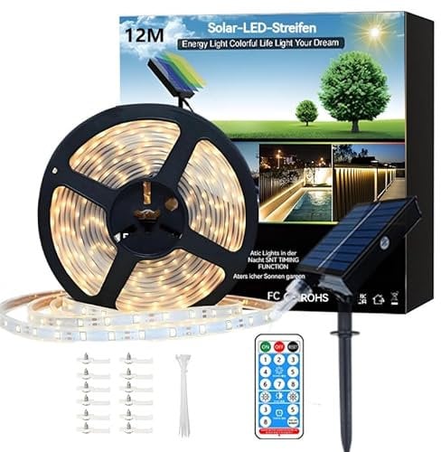 Meewata Bande lumineuse solaire d'extérieur étanche à intensité variable avec télécommande et 8 modes - Bandes lumineuses LED découpables pour terrasse, balcon, terrasse - Blanc chaud - 12 m