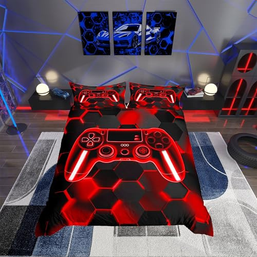Homemissing Gamer Bettwäsche Set 135x200cm Gaming Bettbezug für Kinder Jungen Mädchen Teens Zimmer Dekor Rote Spielkonsole Bettwäsche-Set Gamepad Honeycomb Reißverschluss leichte Mikrofaser