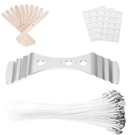 GVSS 100 Pièces Mèche Bougie Naturelle en Coton 10cm, Mèches pour Bougies,avec Supports en Bois,Autocollants Double Face et Fixateurs Métalliques,Idéales pour Bougies Parfumées et Décoratives