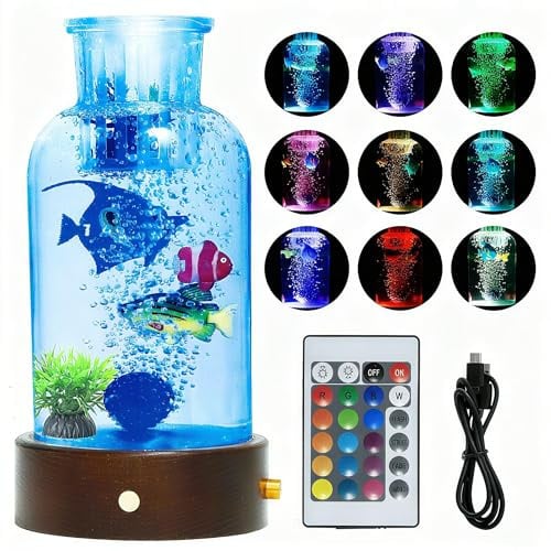 Aquarium sensoriel à bulles de 0,2 m avec 3 faux poissons, veilleuse télécommandée à 16 couleurs, mini réservoir en verre avec fausses plantes et base en bois, décoration de bureau, décoration